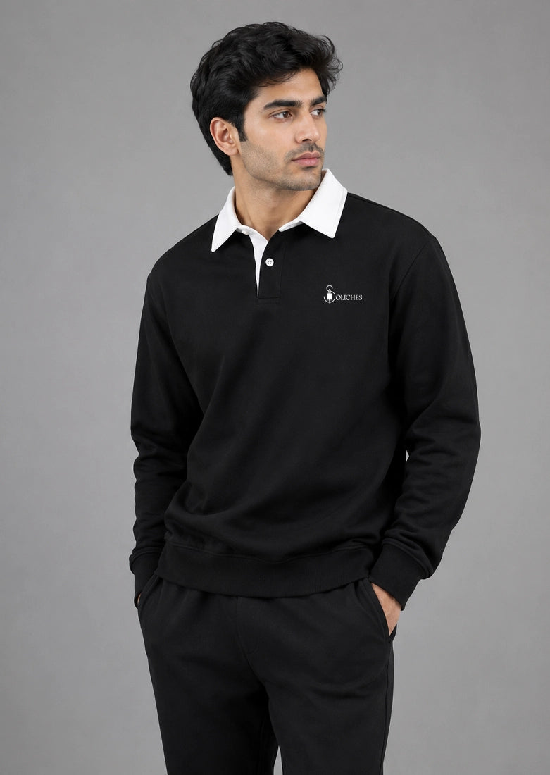 Soliches - Black Contrast collar Sweatshirt For Men | Polyester Fleece