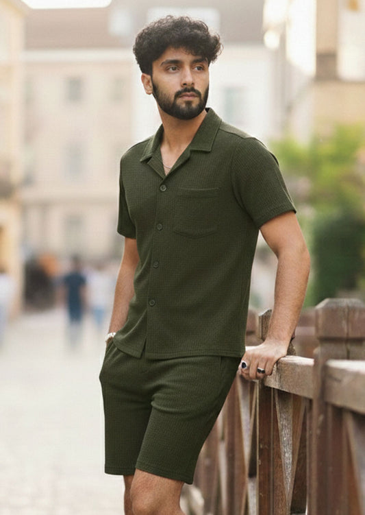 Soliches Premium Olive Waffle Knitted Co-ord Set For Mens