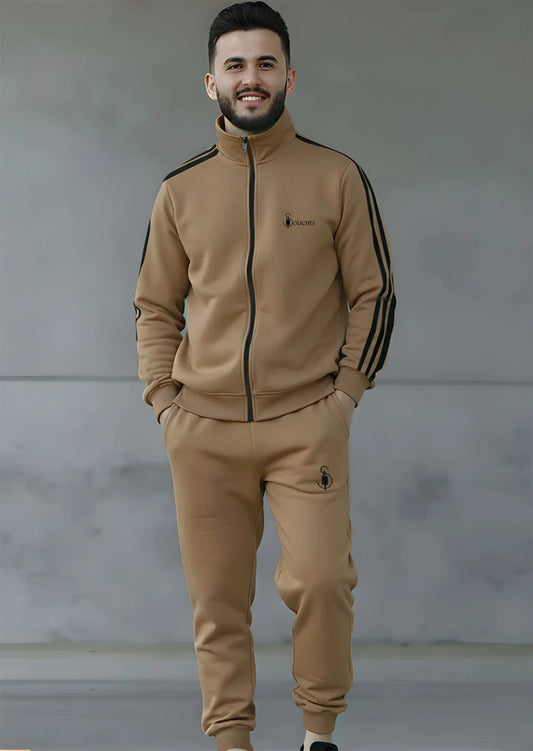 Camel Stripe Zipper Pannel Winter Tracksuit For Mens