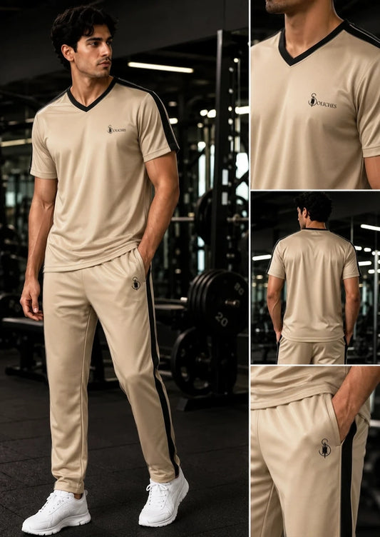 SOLICHES Men's Premium Polyester Tracksuit – Minimalist Luxury Activewear Set (Beige & Black)