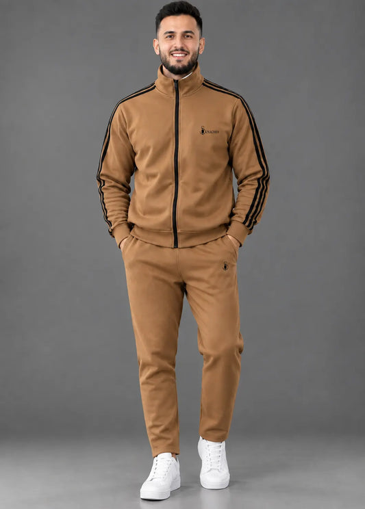 Camel Stripe Zipper Pannel Winter Tracksuit For Mens