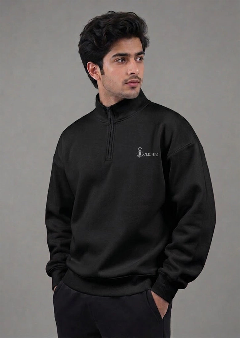 Soliches - Black Zipper Sweatshirt For Men | Polyester Fleece