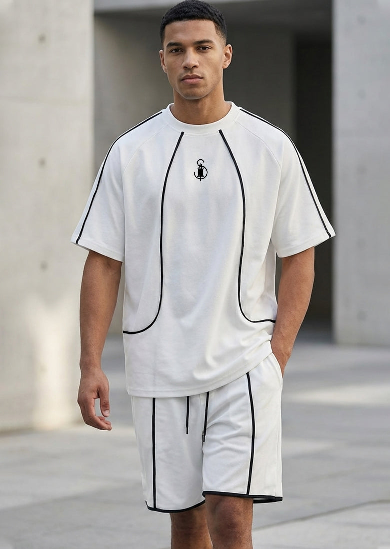 Soliches – Men’s Summer Dry Fit Gym Suit – White Contrast T-Shirt & Shorts Set