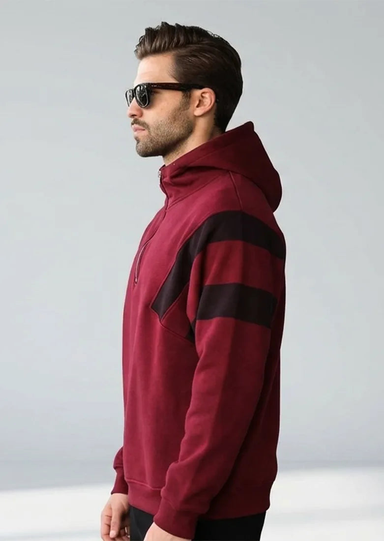 Soliches - Maroon Half-Zipper Pullover Hoodie
