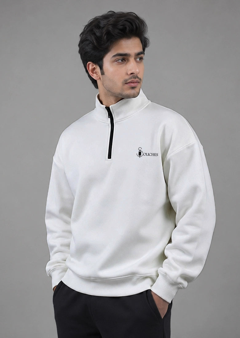 Soliches - White Zipper Sweatshirt For Men | Polyester Fleece