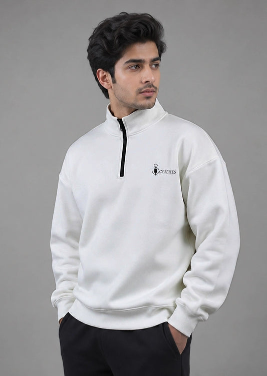 Soliches - White Zipper Sweatshirt For Men | Polyester Fleece
