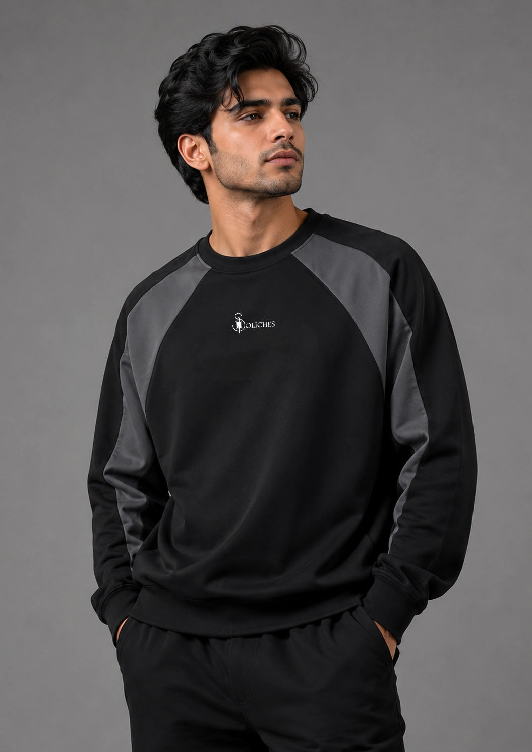 Soliches black and steel grey raglan sweatshirt for men
