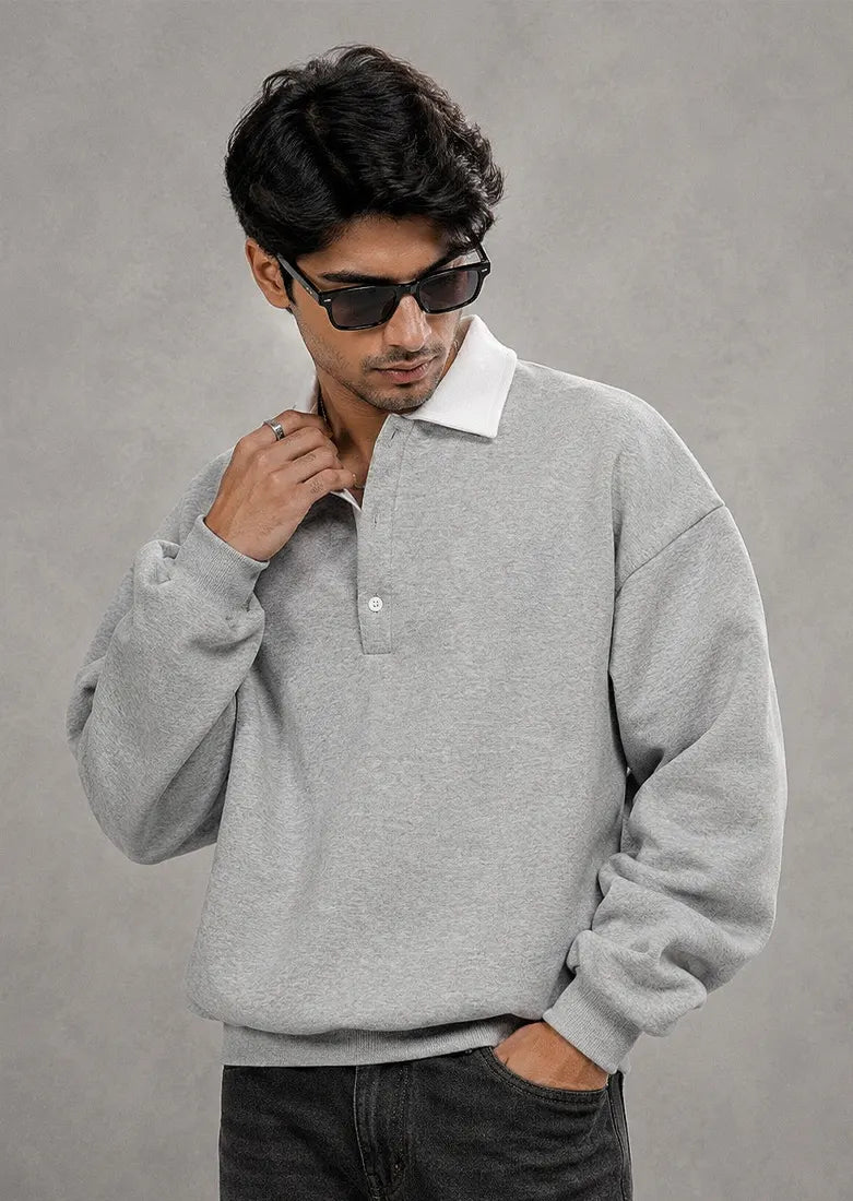 Men’s grey cotton fleece polo sweatshirt with white collar and full sleeves