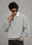 Men’s grey cotton fleece polo sweatshirt with white collar and full sleeves