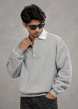 Men’s grey cotton fleece polo sweatshirt with white collar and full sleeves