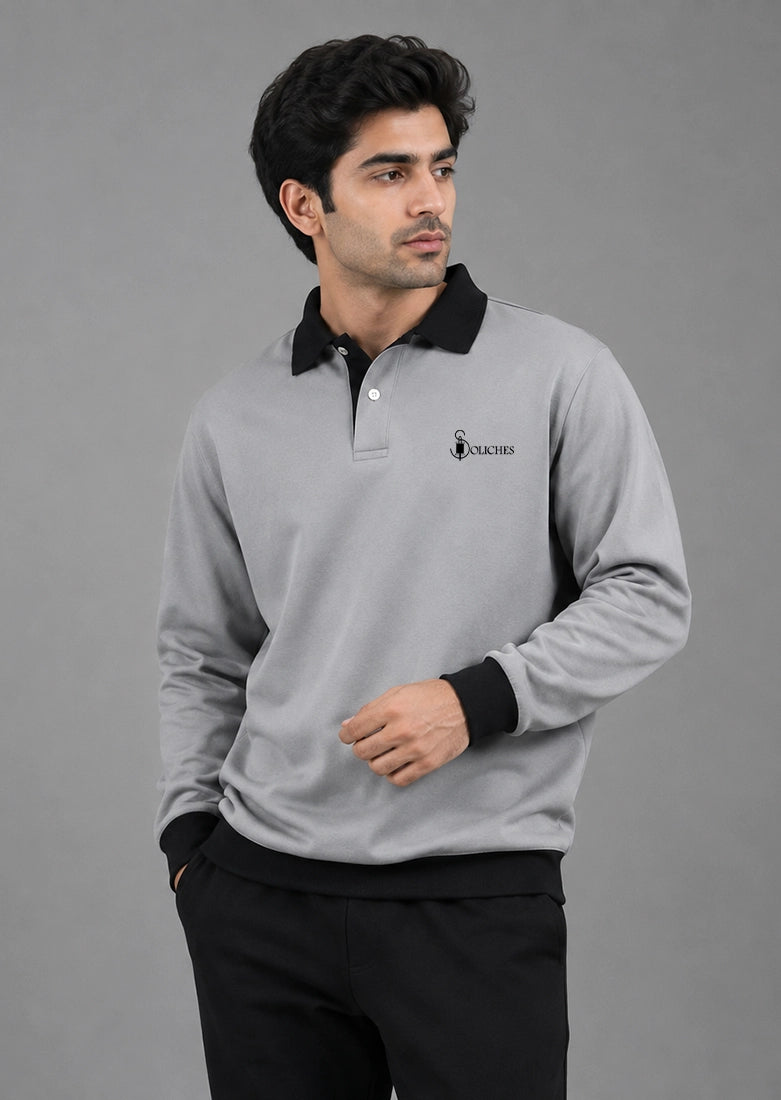 Soliches - Grey Contrast collar Sweatshirt For Men | Polyester Fleece