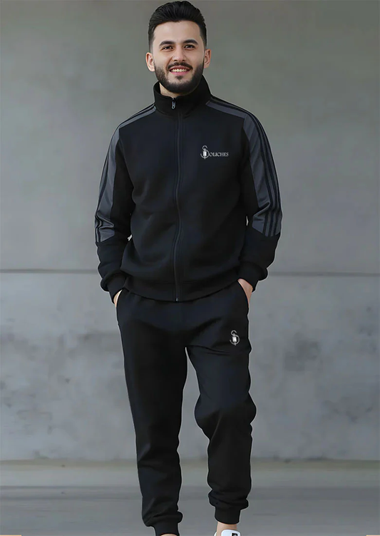 Steel Grey Zipper Stripe Winter Tracksuit For Mens made with polyester fleece fabric
