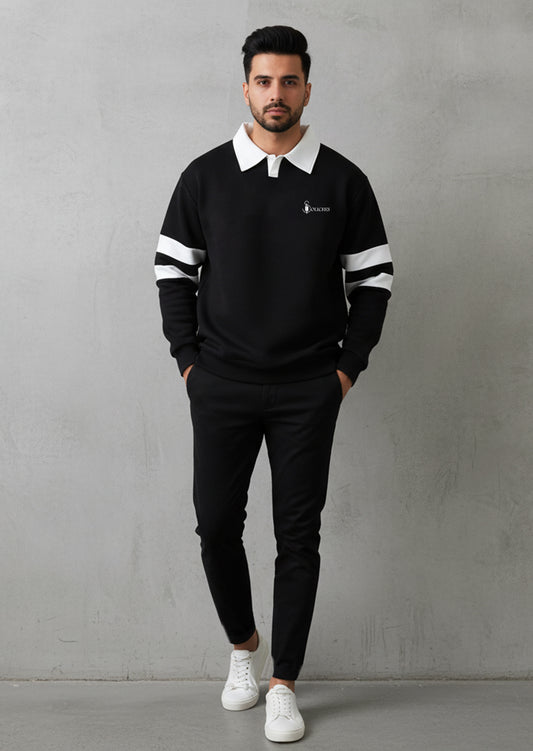 Black Sleeve Pannel Polo Sweatshirt With Trouser For Mens