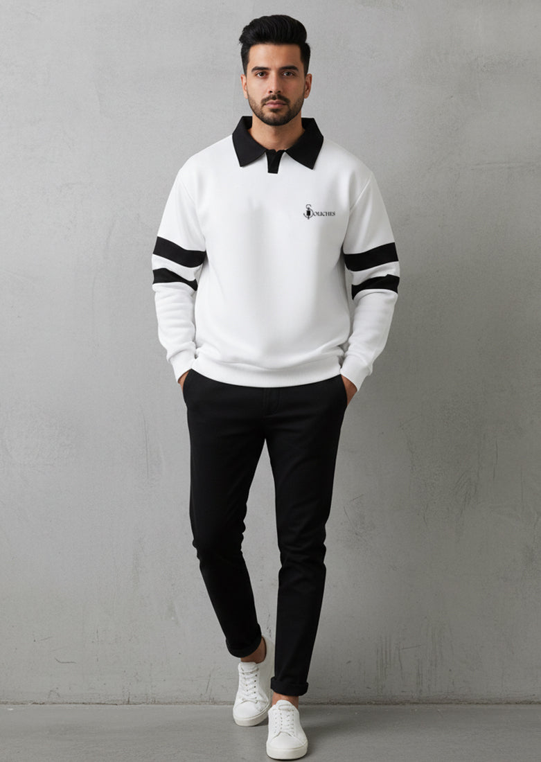 White Sleeve Pannel Polo Sweatshirt With Trouser For Mens