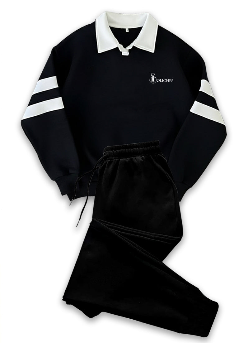 Black Sleeve Pannel Polo Sweatshirt With Trouser For Mens