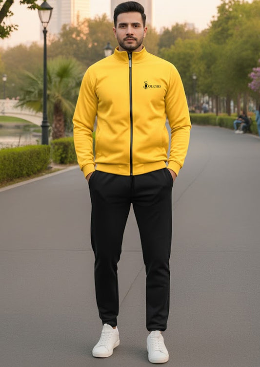 Yellow High Neck Zipper Jacket With Trouser For Mens