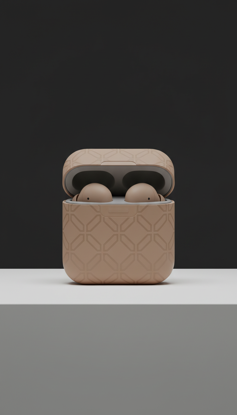 Taupe limited-edition wireless earbuds with magnetic closure packaging