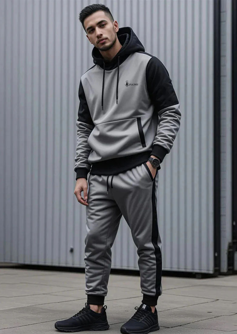 Steel Grey Pullover Hooded Tracksuit For Mens made with polyester fleece fabric