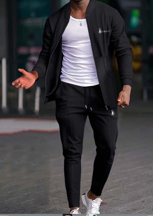 Rib Colar Black Winter Mens Tracksuit