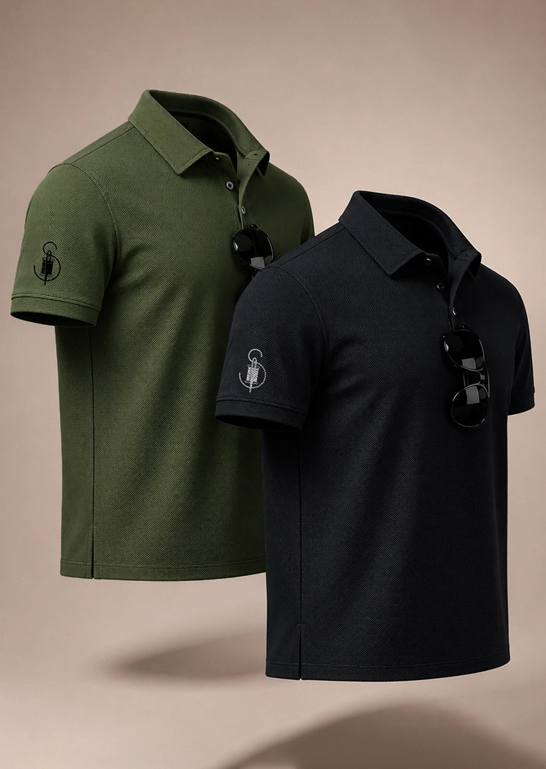 Bundle Of 2 Olive and Black Sleeve Pocket Polo T-shirts  - Soliches