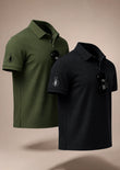 Bundle Of 2 Olive and Black Sleeve Pocket Polo T-shirts  - Soliches