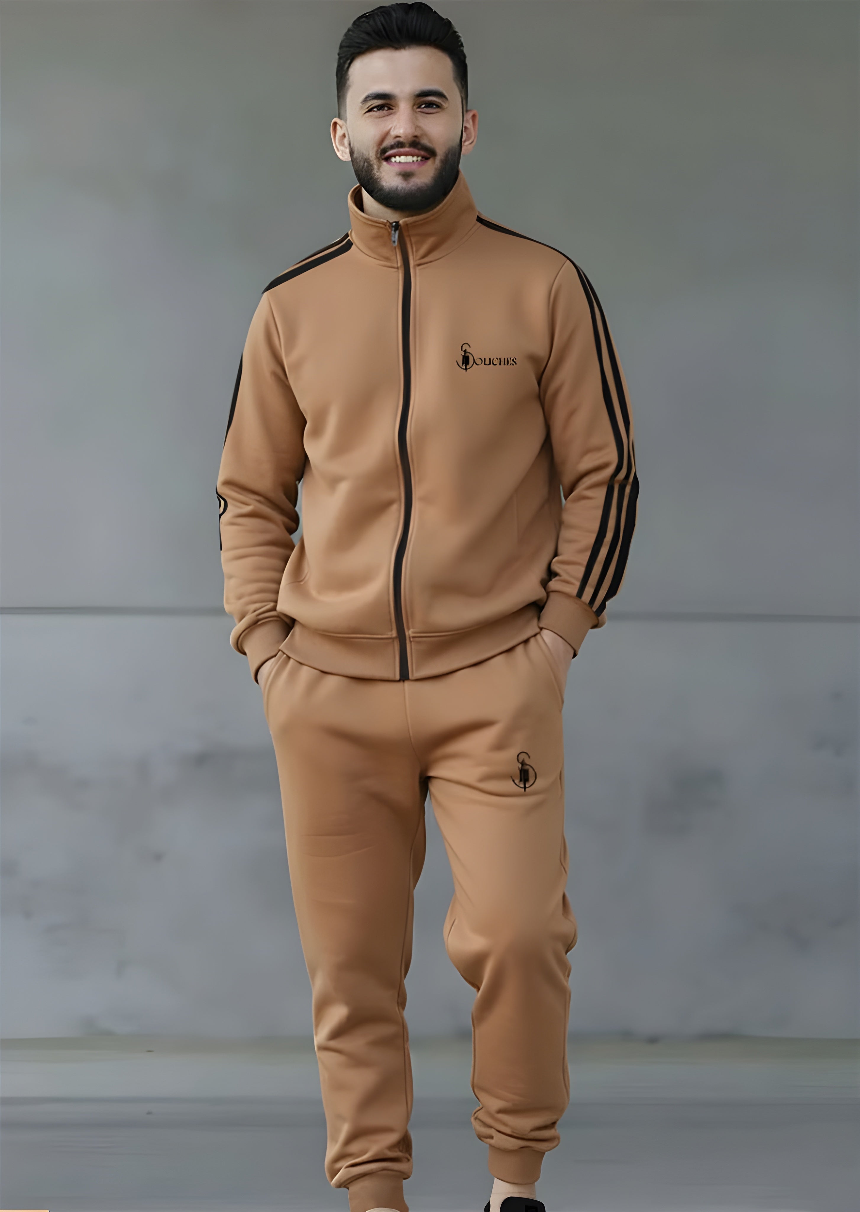 Camel Stripe Zipper Pannel Winter Tracksuit For Mens