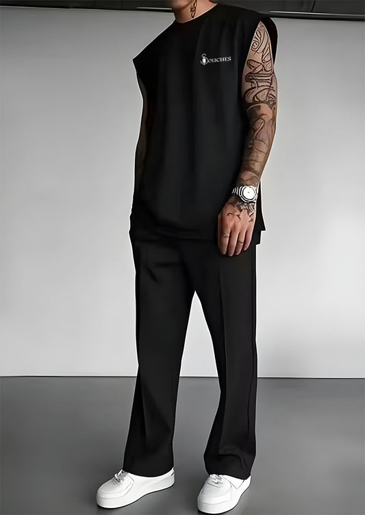 Men Black Casual Sets Sleeveless Vests+Wide Leg Pants Tracksuit