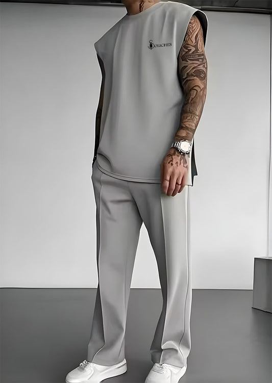 Men Grey Casual Sets Sleeveless Vests+Wide Leg Pants Tracksuit